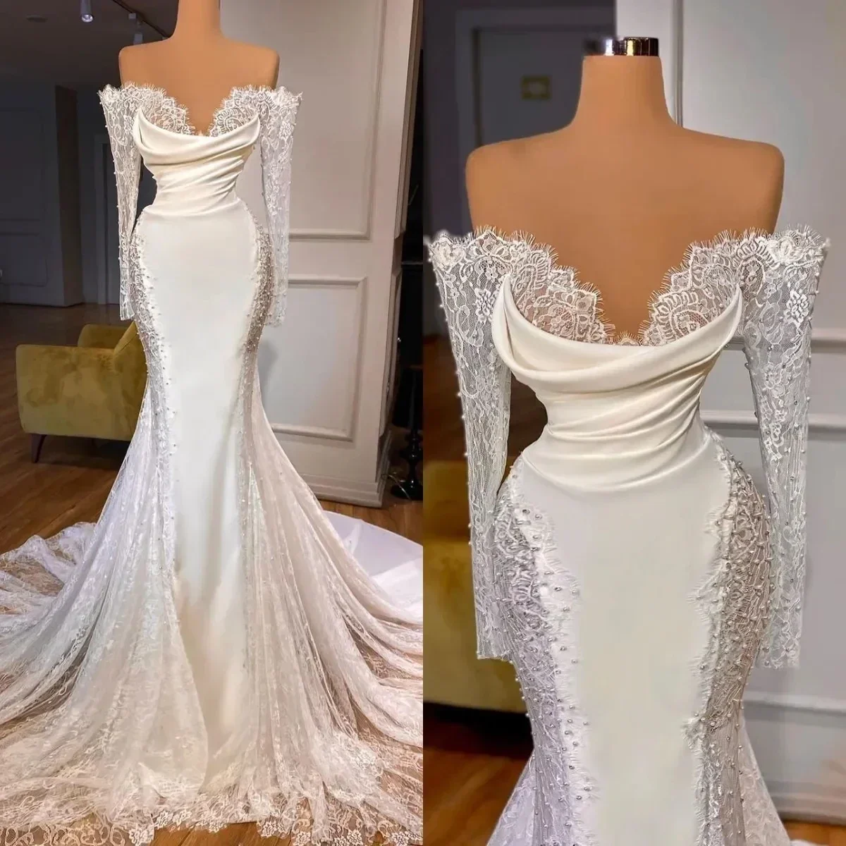 Customized Sweetheart Lace Appliques Pearls Wedding Dresses Sweep Train Plus Size Long Sleeves Mermaid Elegant Bridal Gown
Customized Sweetheart Lace Appliques Pearls Wedding Dresses Sweep Train Plus Size Long Sleeves Mermaid Elegant Bridal Gown