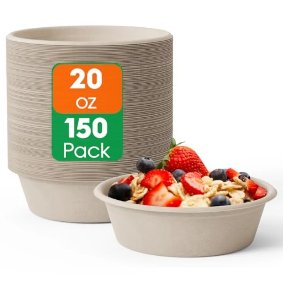 20 OZ 150 Count Paper Bowls, Disposable Compostable Large Soup Bowl, Heavy Duty Bagasse Bowls for Family Lunch, Dinner Meals, C
20 OZ 150 Count Paper Bowls, Disposable Compostable Large Soup Bowl, Heavy Duty Bagasse Bowls for Family Lunch, Dinner Meals, C