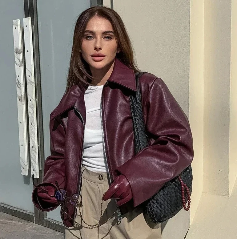 Women Jackets Fashion Lapel Zipper Long Sleeve Female Coats Lady Street Outwear Burgundy Leather Jacket
Women Jackets Fashion Lapel Zipper Long Sleeve Female Coats Lady Street Outwear Burgundy Leather Jacket