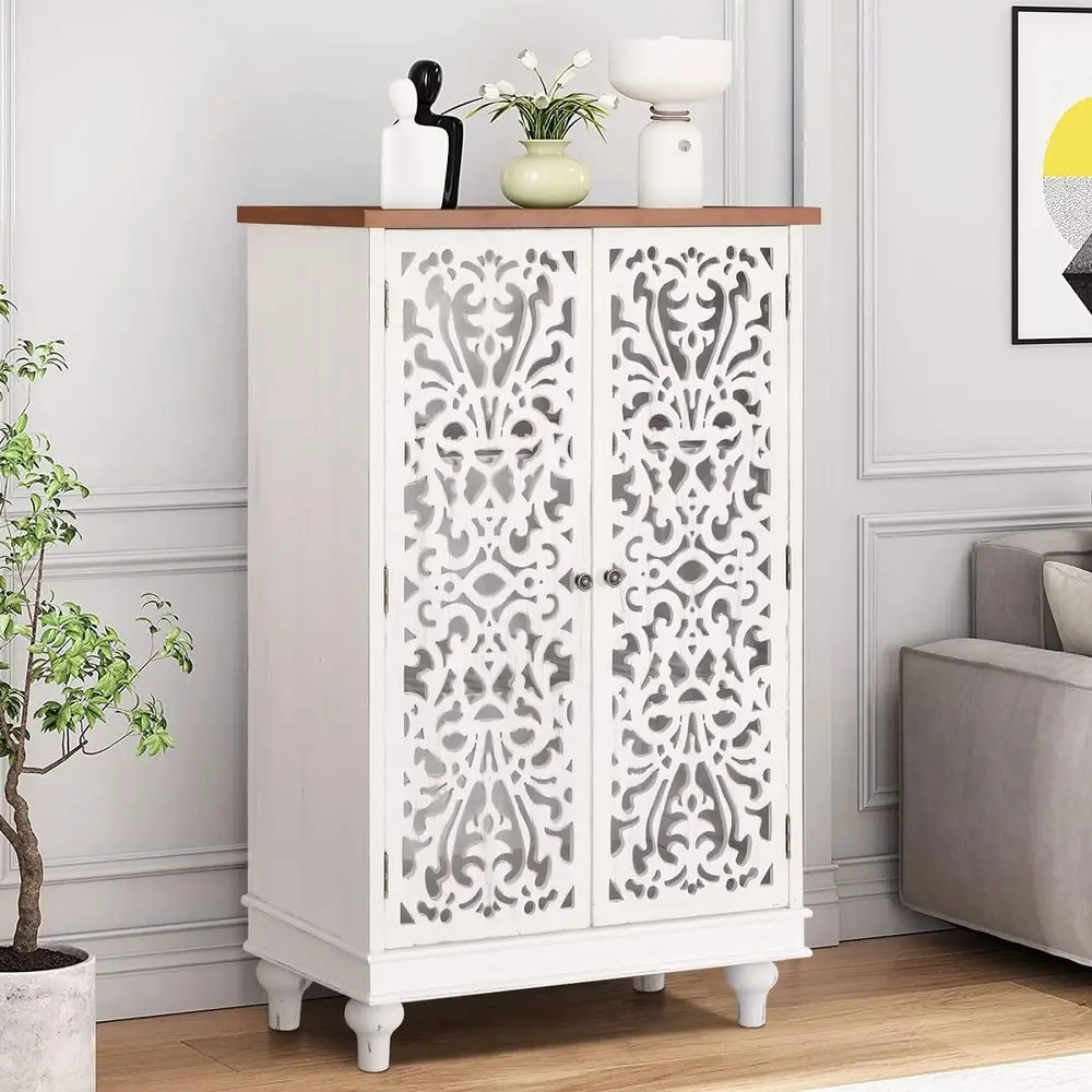 Tall White Wood Storage Cabinet with Hollow-Carved Floral Design for Living Room, Kitchen, Entryway, or Hallway, 13.8x31.5x47.4
Tall White Wood Storage Cabinet with Hollow-Carved Floral Design for Living Room, Kitchen, Entryway, or Hallway, 13.8x31.5x47.4