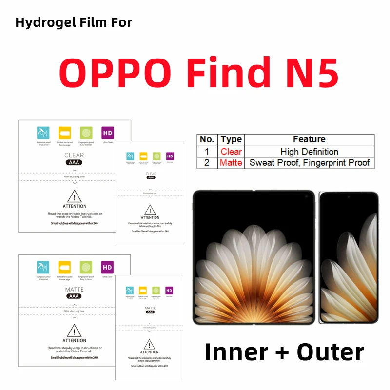 Inner + Outer Matte Hydrogel Film For OPPO Find N5 Clear Protective Film Folding Phone OPPO Find N5 HD Screen Protector
Inner + Outer Matte Hydrogel Film For OPPO Find N5 Clear Protective Film Folding Phone OPPO Find N5 HD Screen Protector