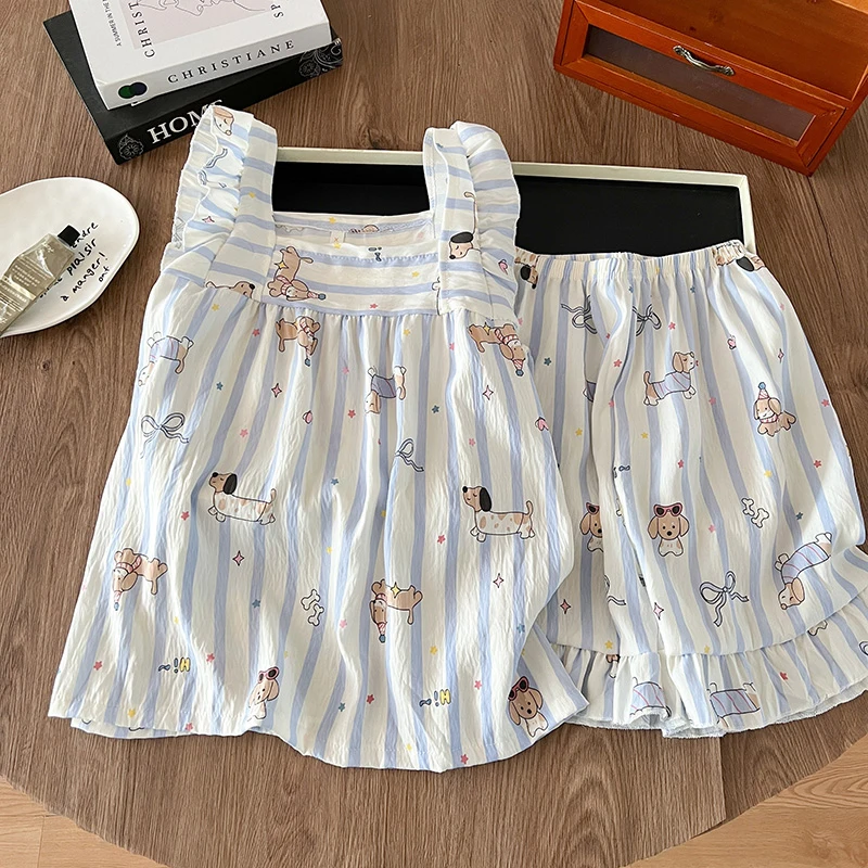Striped puppy pajamas for women, spring and summer, short-sleeved shorts two-piece set, home wear, can be worn outside
Striped puppy pajamas for women, spring and summer, short-sleeved shorts two-piece set, home wear, can be worn outside