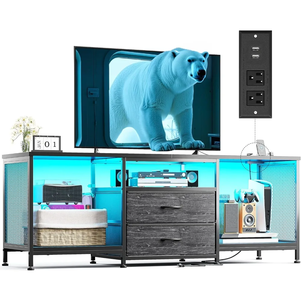 55" W TV Stand for Bedroom with LED Lights & Power Outlets, Dresser TV Stand with 2 Drawers for 65" TV, Open Storage Shelves
55" W TV Stand for Bedroom with LED Lights & Power Outlets, Dresser TV Stand with 2 Drawers for 65" TV, Open Storage Shelves