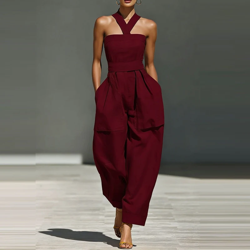 Casual Sleeveless Pocket Draped Playsuit Sexy Cross Halter Loose One Piece Jumpsuit Women's Hight Waist Solid Color Long Romper
Casual Sleeveless Pocket Draped Playsuit Sexy Cross Halter Loose One Piece Jumpsuit Women's Hight Waist Solid Color Long Romper