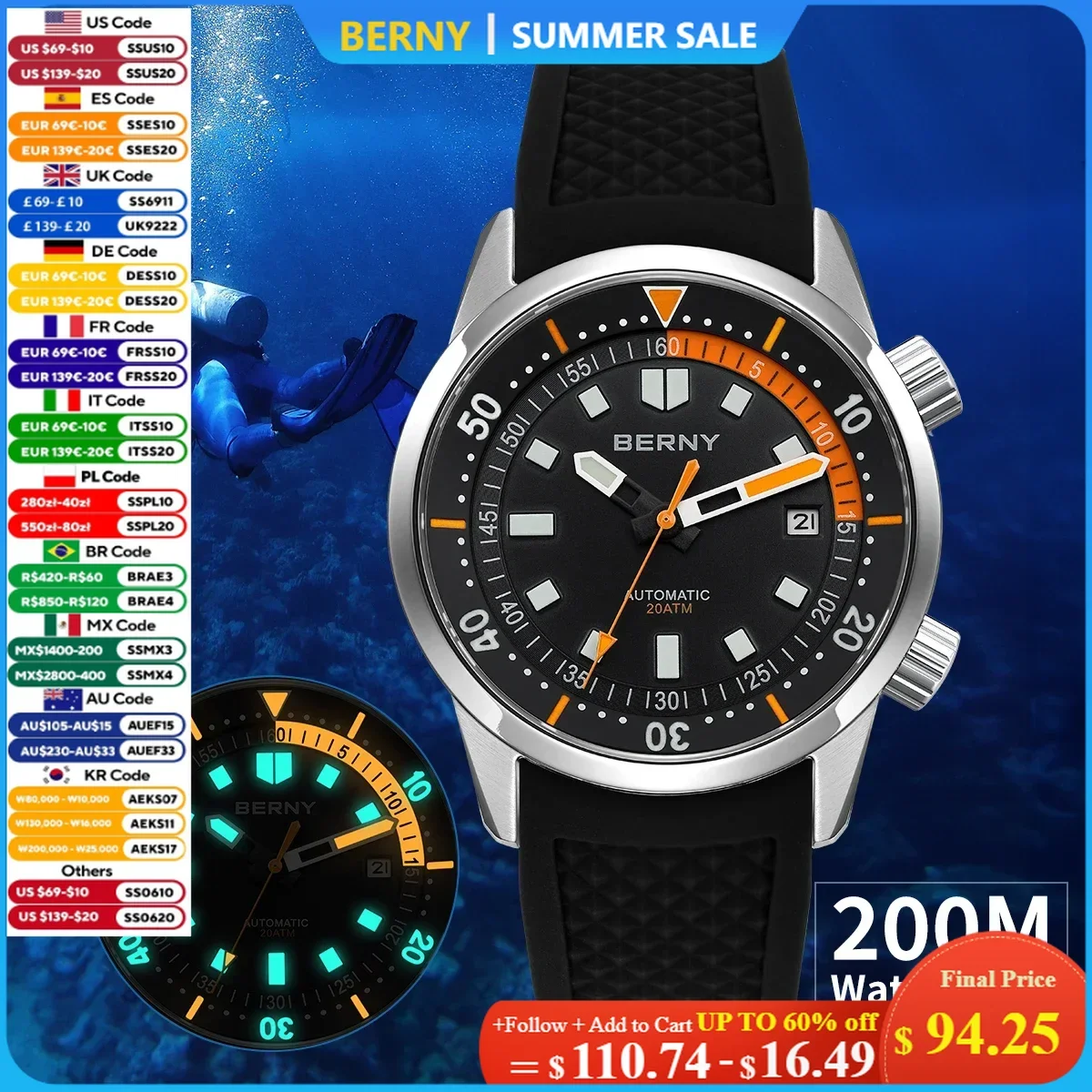 BERNY Men's Dive Watches 200M Waterproof Super Luminous Automatic Mechanical Diver Watch 42mm Sapphire Swim Diving Wristwatch
BERNY Men's Dive Watches 200M Waterproof Super Luminous Automatic Mechanical Diver Watch 42mm Sapphire Swim Diving Wristwatch