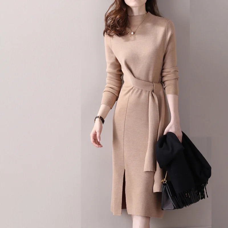 Women Ruched Slit Knitted Dress New Autumn Winter Slim Lace-Up Long Sleeve Bottoming Sweater Waist Skirt Elegant Office Female
Women Ruched Slit Knitted Dress New Autumn Winter Slim Lace-Up Long Sleeve Bottoming Sweater Waist Skirt Elegant Office Female