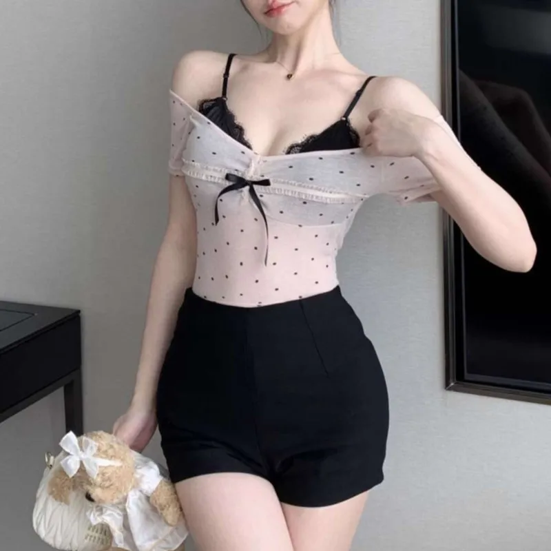 New Sweet Polka Dot Bow Short-sleeved T-shirt For Women Slightly Translucent Design
New Sweet Polka Dot Bow Short-sleeved T-shirt For Women Slightly Translucent Design