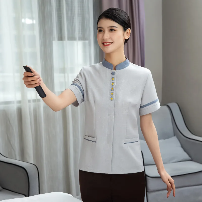 Summer cleaning workwear for women in hotels, guesthouses, and residential property management, short-sleeved cleaning uniforms
Summer cleaning workwear for women in hotels, guesthouses, and residential property management, short-sleeved cleaning uniforms
