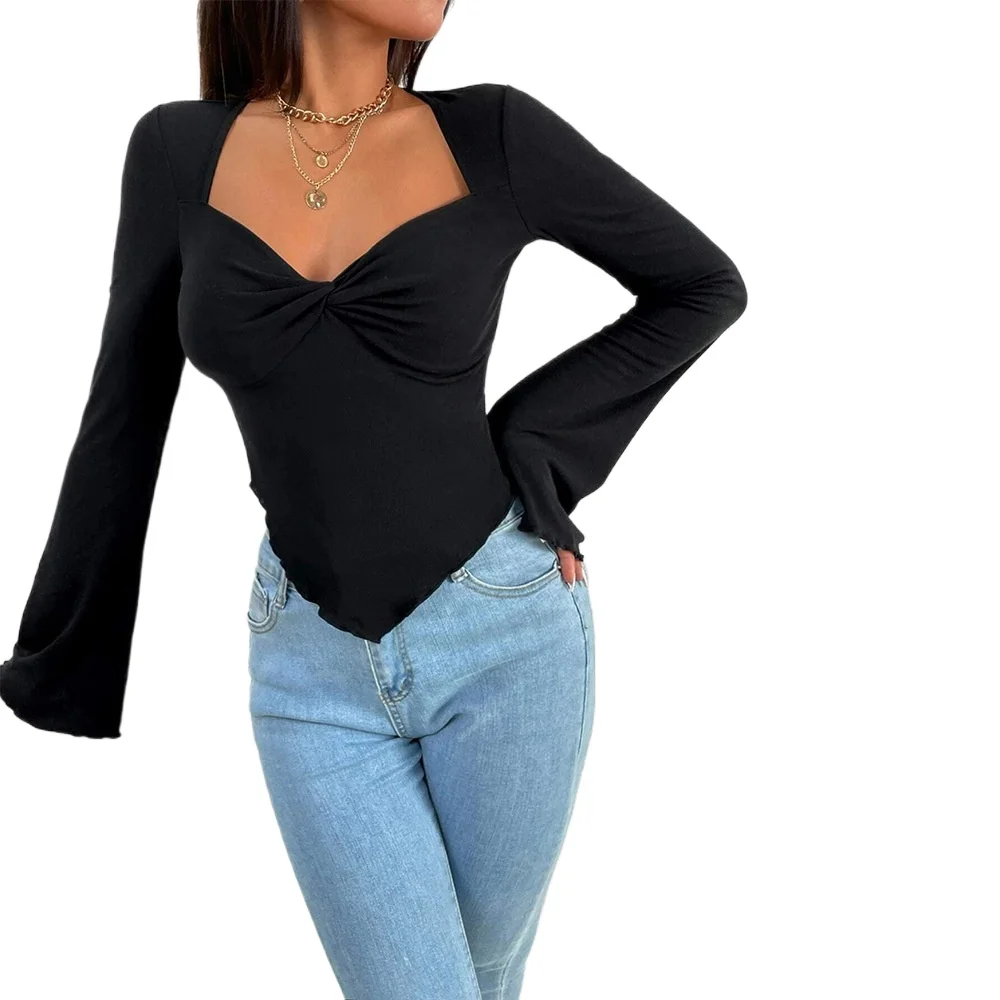 Женская трикотажная футболка нестандартной формы с v-образным вырезом и длинными рукавами
Женская трикотажная футболка нестандартной формы с v-образным вырезом и длинными рукавами