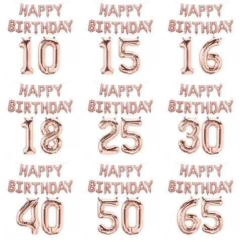 15pcs Rose Gold Happy Birthday Number Foil Balloon Kids Adult Party Simple Decorations Boy Girl 10 18 25 30 40 50 60 70 Year Old