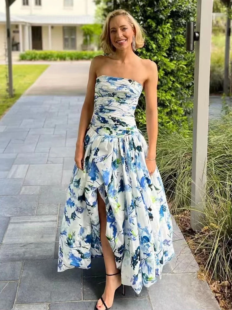 2025 summer women's retro print sexy drop shoulder pleats with chest high waist dress Fashion dress loose irregular pommel skirt
2025 summer women's retro print sexy drop shoulder pleats with chest high waist dress Fashion dress loose irregular pommel skirt