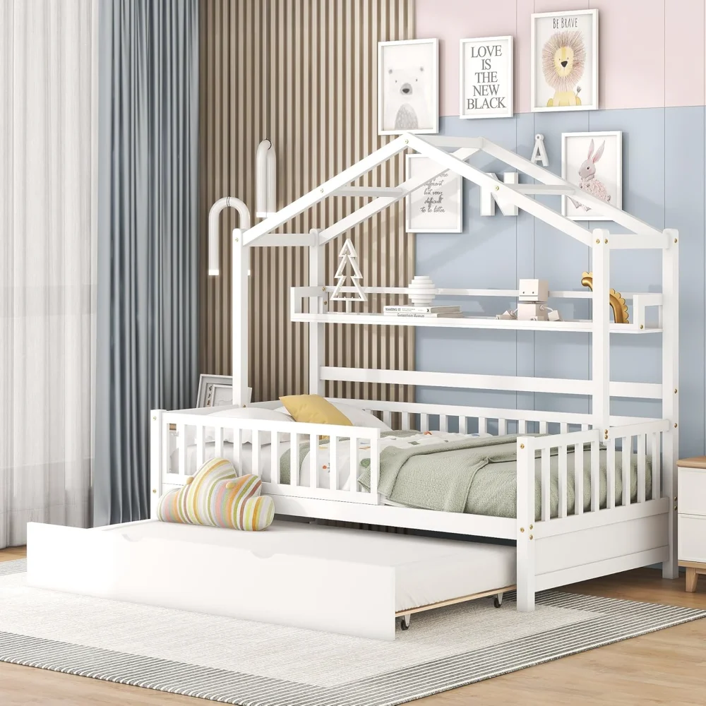 Twin House Bed with Trundle, Wood Twin Kids Bed Frame with Shelf, TwinSize House Beds for Kids with Roof for Girls, Boys
Twin House Bed with Trundle, Wood Twin Kids Bed Frame with Shelf, TwinSize House Beds for Kids with Roof for Girls, Boys