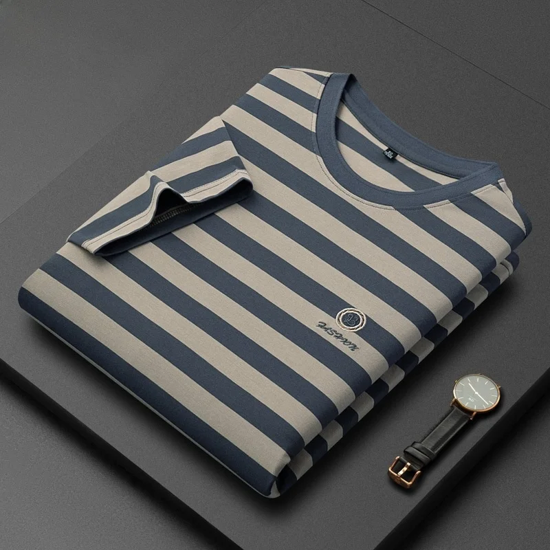 Summer Striped round Neck Short Sleeve Men's T-Shirt Overhead Style Cotton Casual Fit Cleanfit Pattern Suitable for Middle-aged
Summer Striped round Neck Short Sleeve Men's T-Shirt Overhead Style Cotton Casual Fit Cleanfit Pattern Suitable for Middle-aged