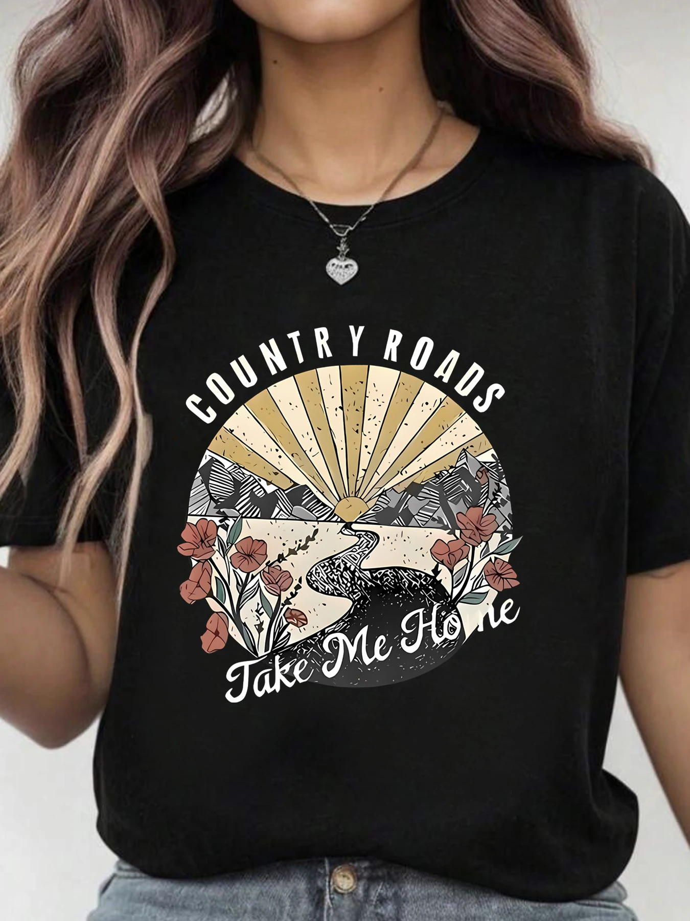 Flower Road Round Collar Womens T-shirt Short-sleeved Fashion Printed Half Sleeve Shirt Elastic T-shirt
Flower Road Round Collar Womens T-shirt Short-sleeved Fashion Printed Half Sleeve Shirt Elastic T-shirt