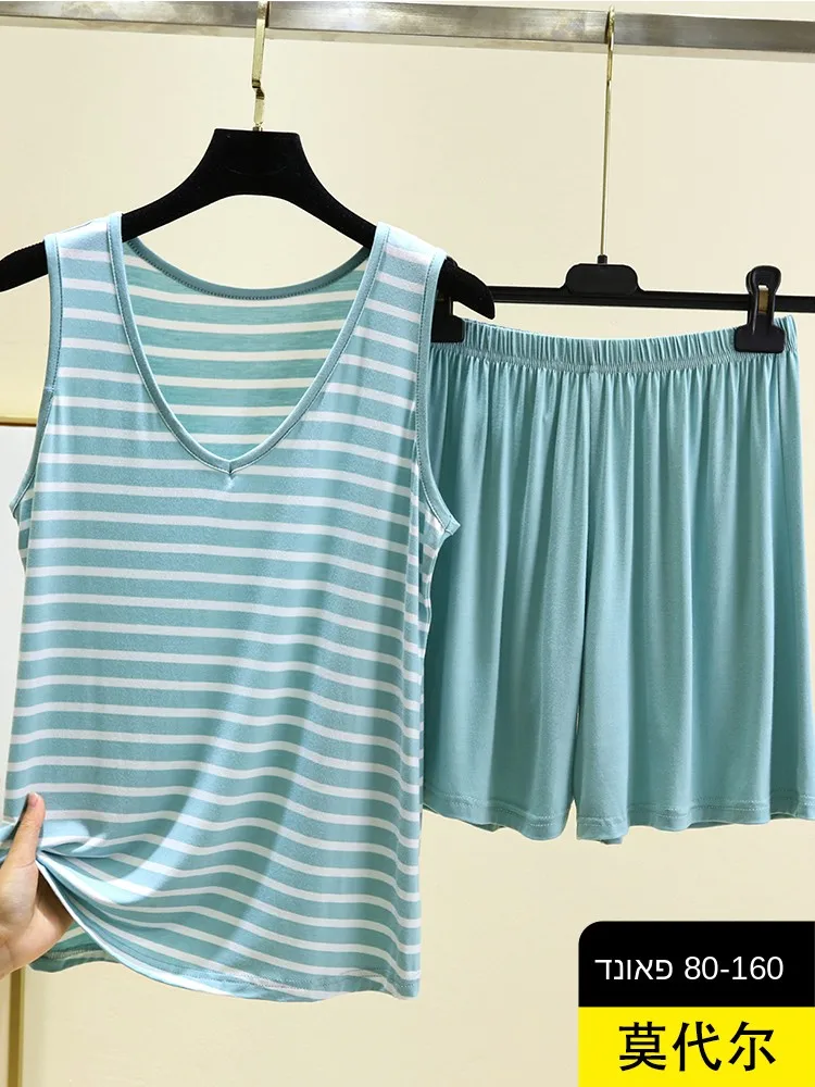 Summer Modal V-neck Sleeveless Loose Casual Thin Striped Sleepwear Women's Top Bottom Set Comfortable Breathable Nightgown
Summer Modal V-neck Sleeveless Loose Casual Thin Striped Sleepwear Women's Top Bottom Set Comfortable Breathable Nightgown