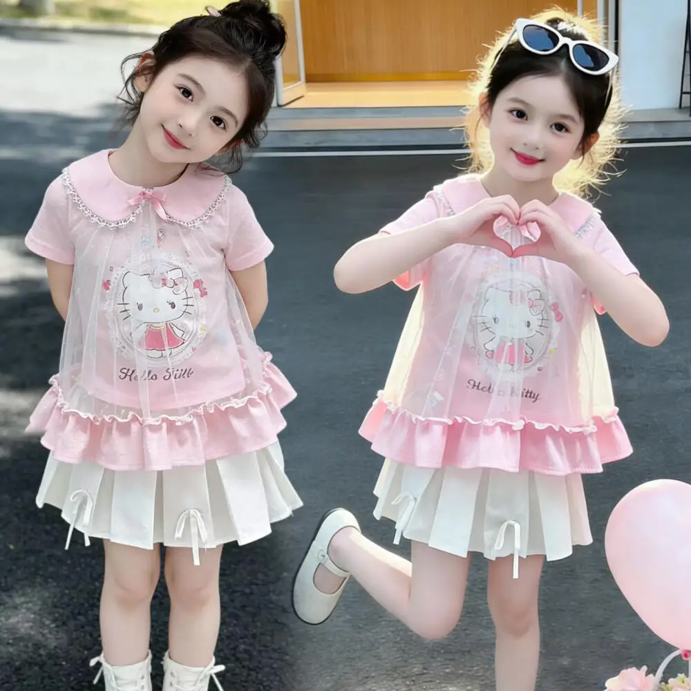 Sanrio Hello Kitty Girls Summer Sweet Short-Sleeved Mesh Splicing T-Shirt Suit 2026 New Children's Style Pleated Skirt Kawaii
Sanrio Hello Kitty Girls Summer Sweet Short-Sleeved Mesh Splicing T-Shirt Suit 2026 New Children's Style Pleated Skirt Kawaii