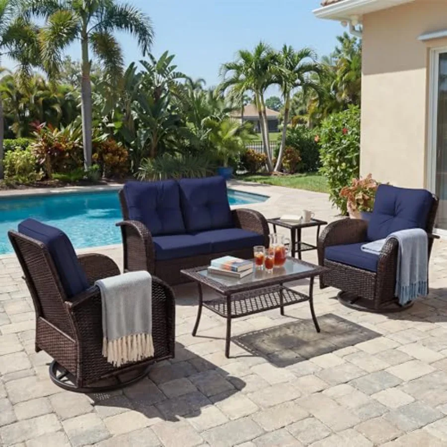 Patio conversation set for deck backyard garden: 5-piece wicker loveseat sofa with swivel chairs, brown rattan frame, navy blue
Patio conversation set for deck backyard garden: 5-piece wicker loveseat sofa with swivel chairs, brown rattan frame, navy blue