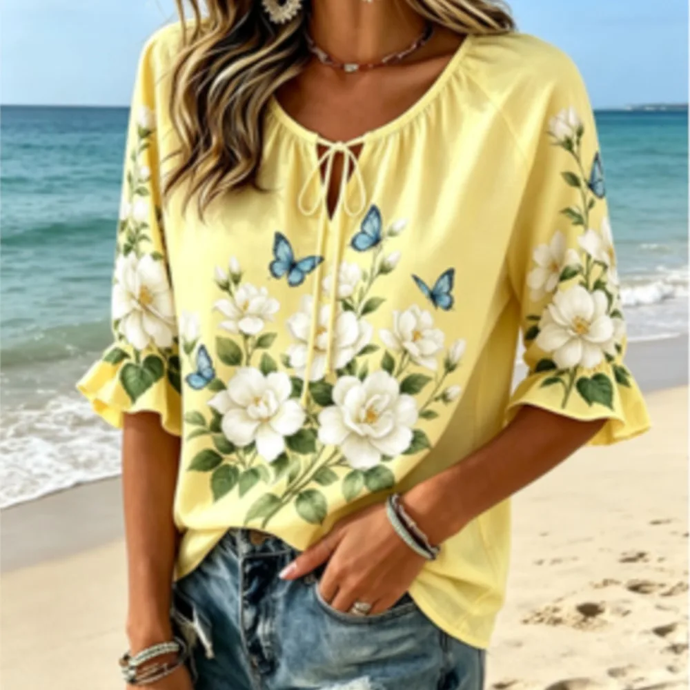 Women's Yellow Floral Butterfly Print Tie Split Neck Blouse Ruffle 3/4 Sleeve Soft Loose Summer Vacation Casual Top
Women's Yellow Floral Butterfly Print Tie Split Neck Blouse Ruffle 3/4 Sleeve Soft Loose Summer Vacation Casual Top