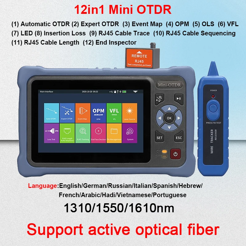 12IN1 Mini OTDR Russian Spanish 1550/1610nm 20db Active Fiber Live Tester Touch Screen OPM VFL Map Fiber Optical Reflectometer
12IN1 Mini OTDR Russian Spanish 1550/1610nm 20db Active Fiber Live Tester Touch Screen OPM VFL Map Fiber Optical Reflectometer