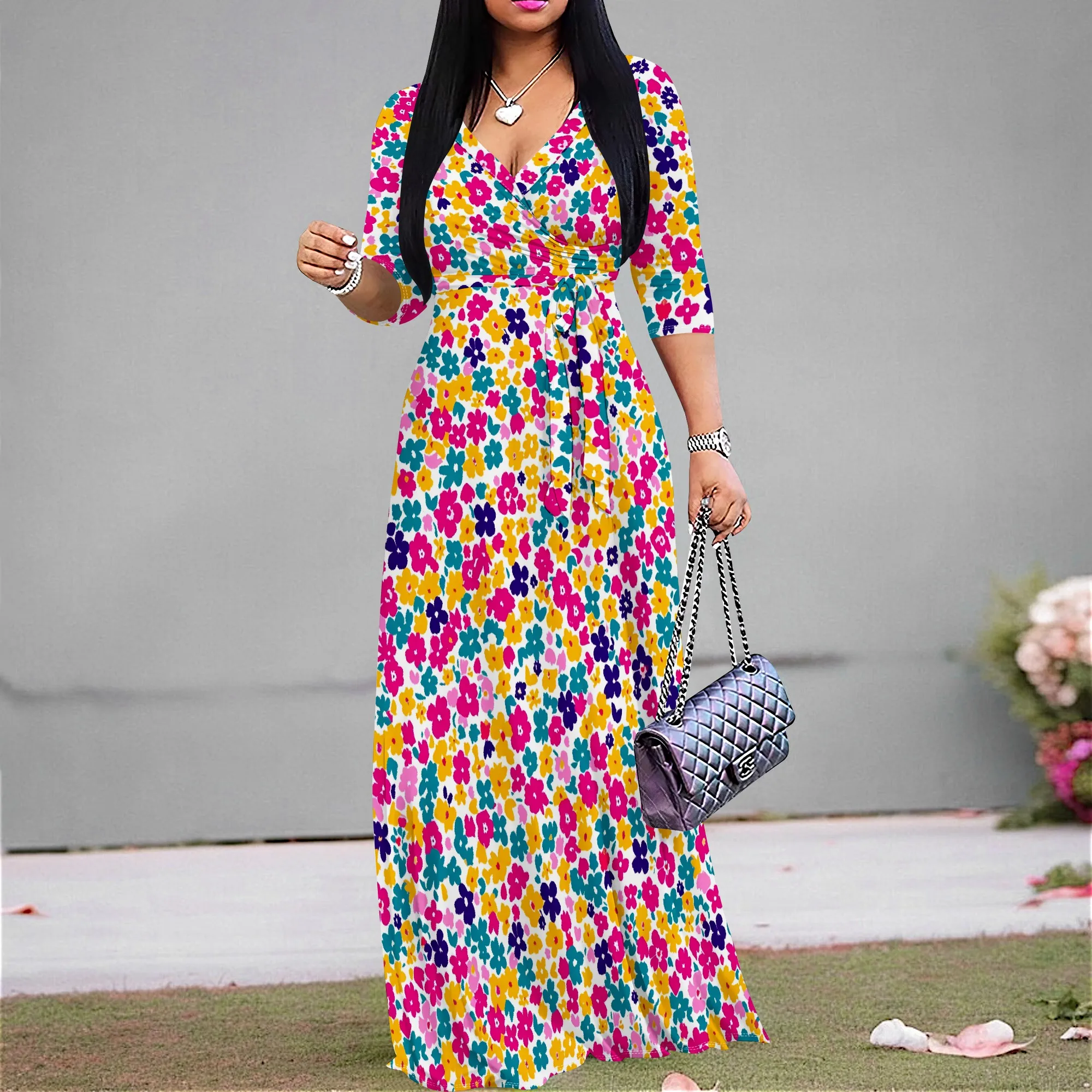 Womens Bright Paisley Floral Print Dresses Wrap V-Neck 3/4 Sleeve Sexy Maxi Dress with Belt
Womens Bright Paisley Floral Print Dresses Wrap V-Neck 3/4 Sleeve Sexy Maxi Dress with Belt