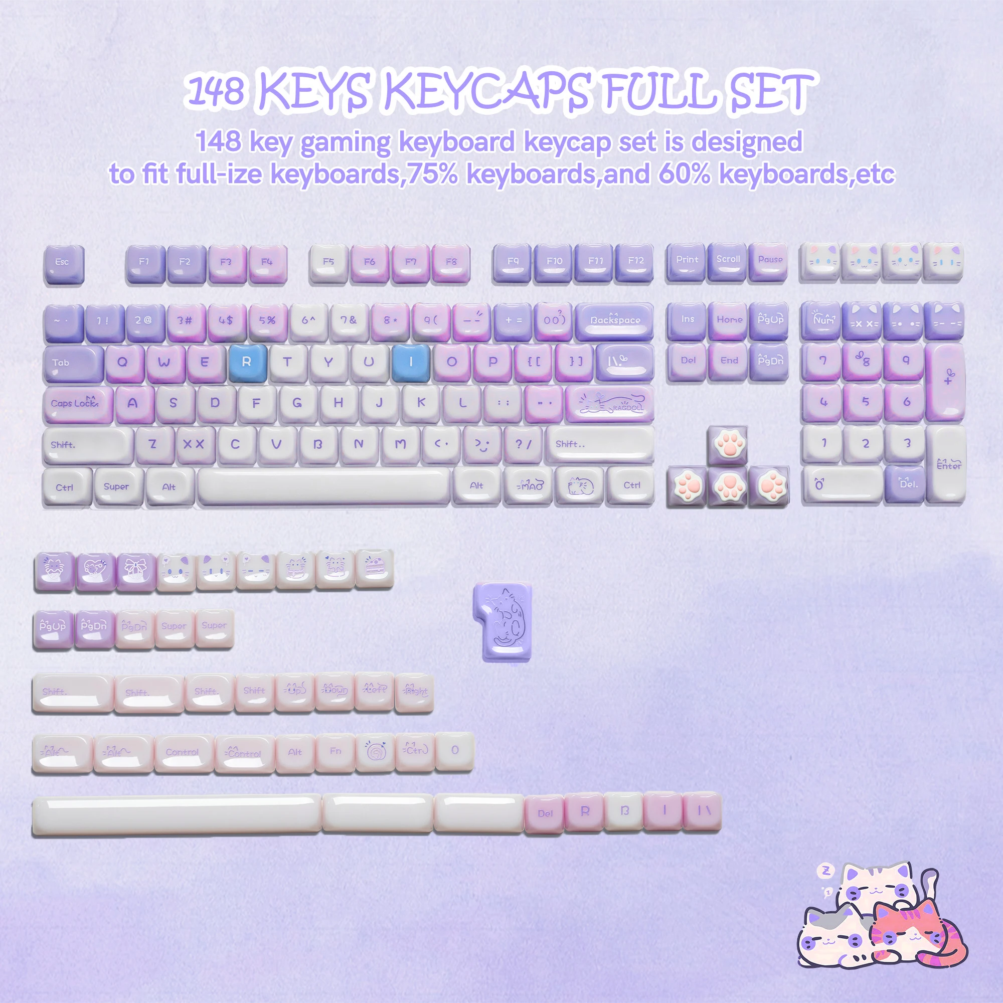 148 Keys MAO Profile Purple Cat PBT Keycaps Customs Dye Sub Key caps for 61/87/104 Cherry MX Switch Gaming Mechanical Keyboard
148 Keys MAO Profile Purple Cat PBT Keycaps Customs Dye Sub Key caps for 61/87/104 Cherry MX Switch Gaming Mechanical Keyboard