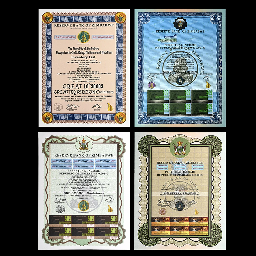 Zimbabwe Certificate Banknotes One Googol Containers Dollars Continuously Encoded Banknotes with Fluorescence
Zimbabwe Certificate Banknotes One Googol Containers Dollars Continuously Encoded Banknotes with Fluorescence