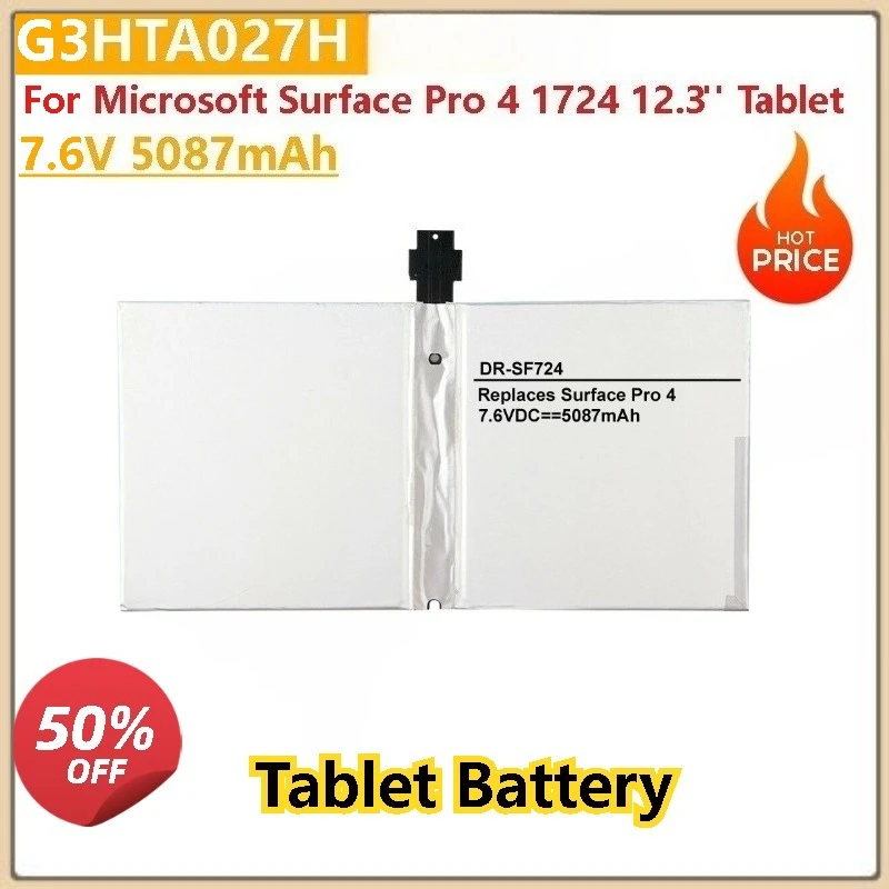 Brand New High Quality 7.6V 5087mAh G3HTA027H DYNR01 Replacement Tablet Battery For Microsoft Surface Pro 4 1724 12.3" Tablet
Brand New High Quality 7.6V 5087mAh G3HTA027H DYNR01 Replacement Tablet Battery For Microsoft Surface Pro 4 1724 12.3" Tablet