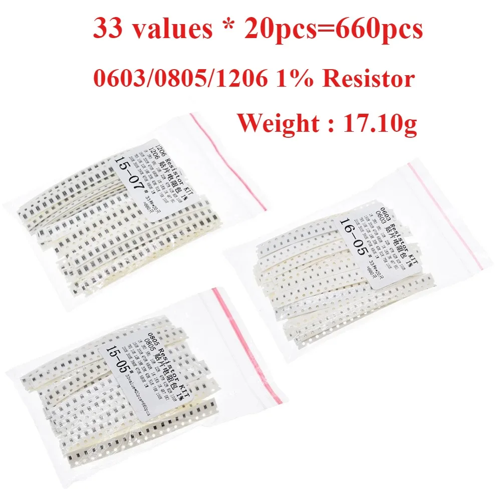 660PCS 1% SMD Resistor Kit | 0603/0805/1206 PLR | 33 Values (20pcs Each) | 1R-1M Coverage (Including 10R/100R/1K/10K/100K)
660PCS 1% SMD Resistor Kit | 0603/0805/1206 PLR | 33 Values (20pcs Each) | 1R-1M Coverage (Including 10R/100R/1K/10K/100K)