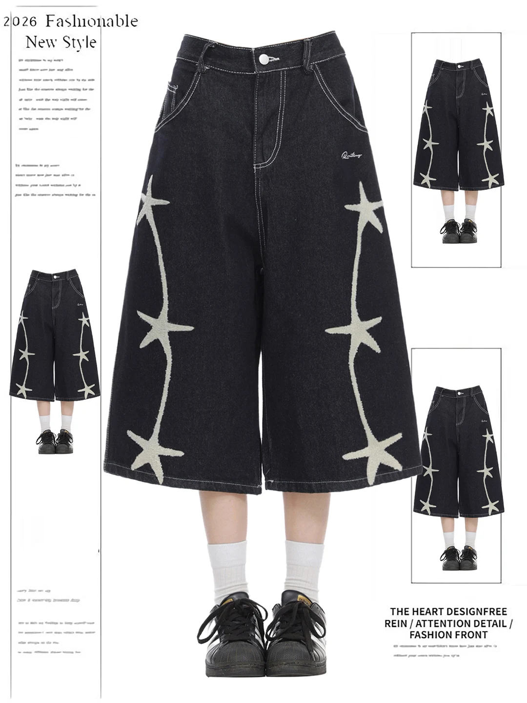 American Style Flocking Embroidery Denim Shorts Women Summer New Loose Wide Leg Straight Cut mid Pants Seven Parts Pants
American Style Flocking Embroidery Denim Shorts Women Summer New Loose Wide Leg Straight Cut mid Pants Seven Parts Pants