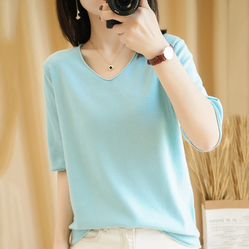 Women's T-shirt Summer New 100% Pure Cotton Knitted Split Sleeve Casual Solid Tees Loose V-neck Pullover Tops
Women's T-shirt Summer New 100% Pure Cotton Knitted Split Sleeve Casual Solid Tees Loose V-neck Pullover Tops
