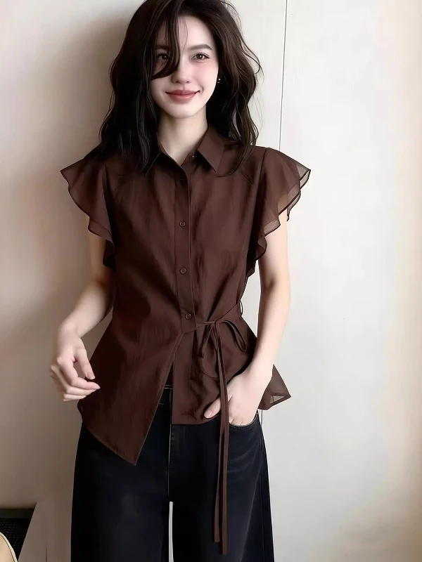 Chic Coffee Colored Short Sleeve Shirt Women's Summer Plus Size Waist Cinched Belted Hem Ruffle Design Top
Chic Coffee Colored Short Sleeve Shirt Women's Summer Plus Size Waist Cinched Belted Hem Ruffle Design Top