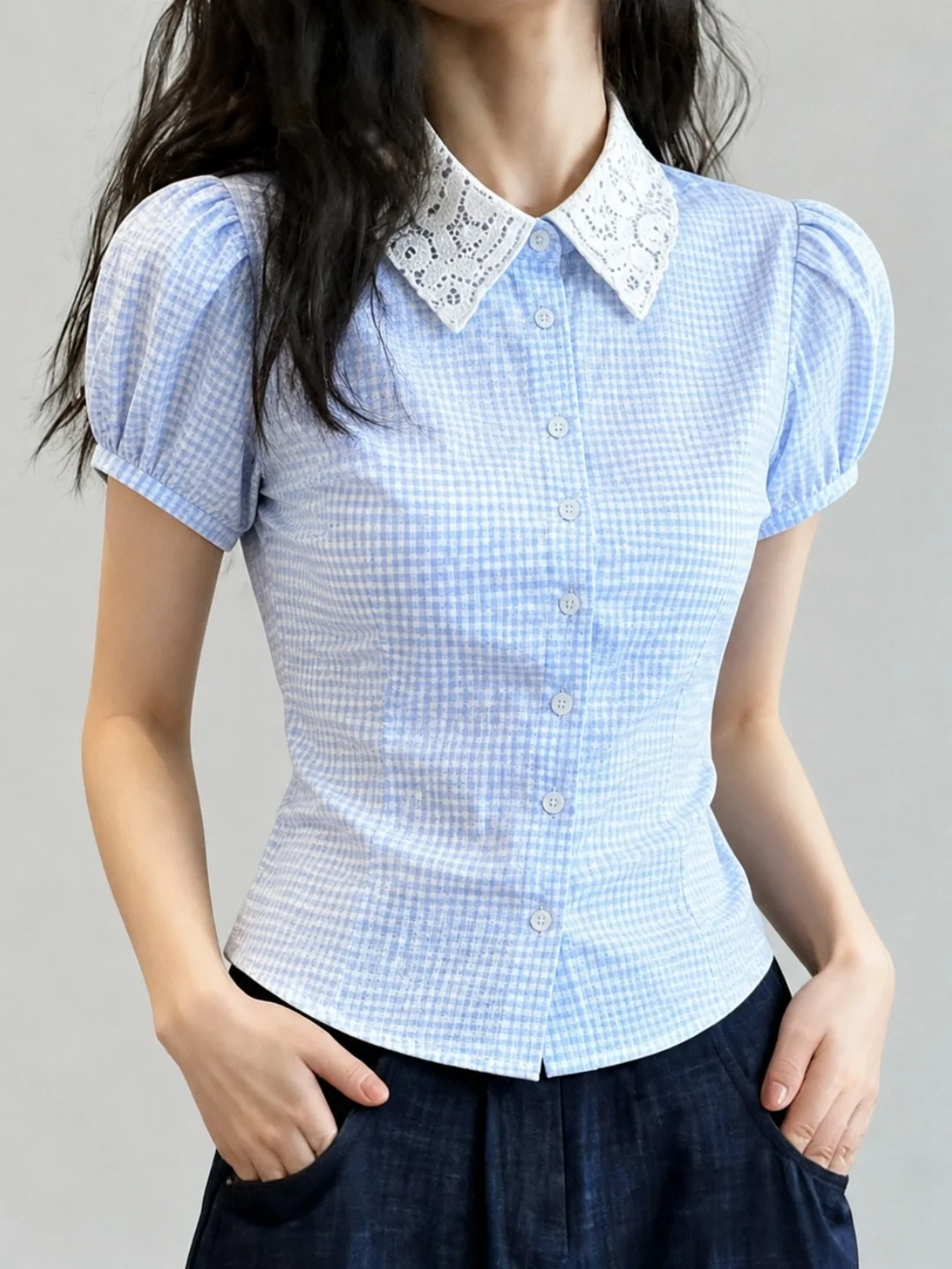 Sweet Korean Style Lace Splice Plaid Slim Fit Shirt Women's Soft Top Button down Summer 2026 Floral Cardi Short Sleeve
Sweet Korean Style Lace Splice Plaid Slim Fit Shirt Women's Soft Top Button down Summer 2026 Floral Cardi Short Sleeve