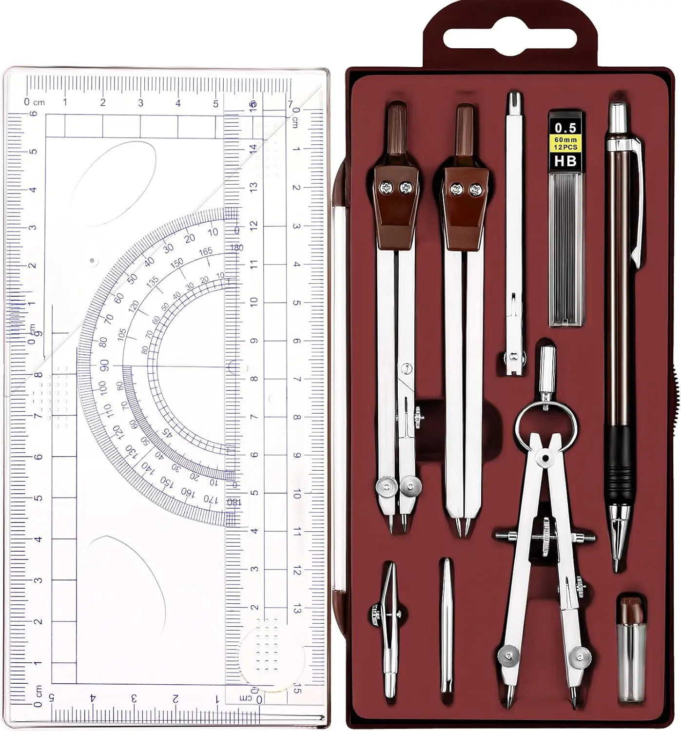 13 Pcs Geometry Set for Students Math Protractor Compass with Rulers Mechanical Pencil Storage Box