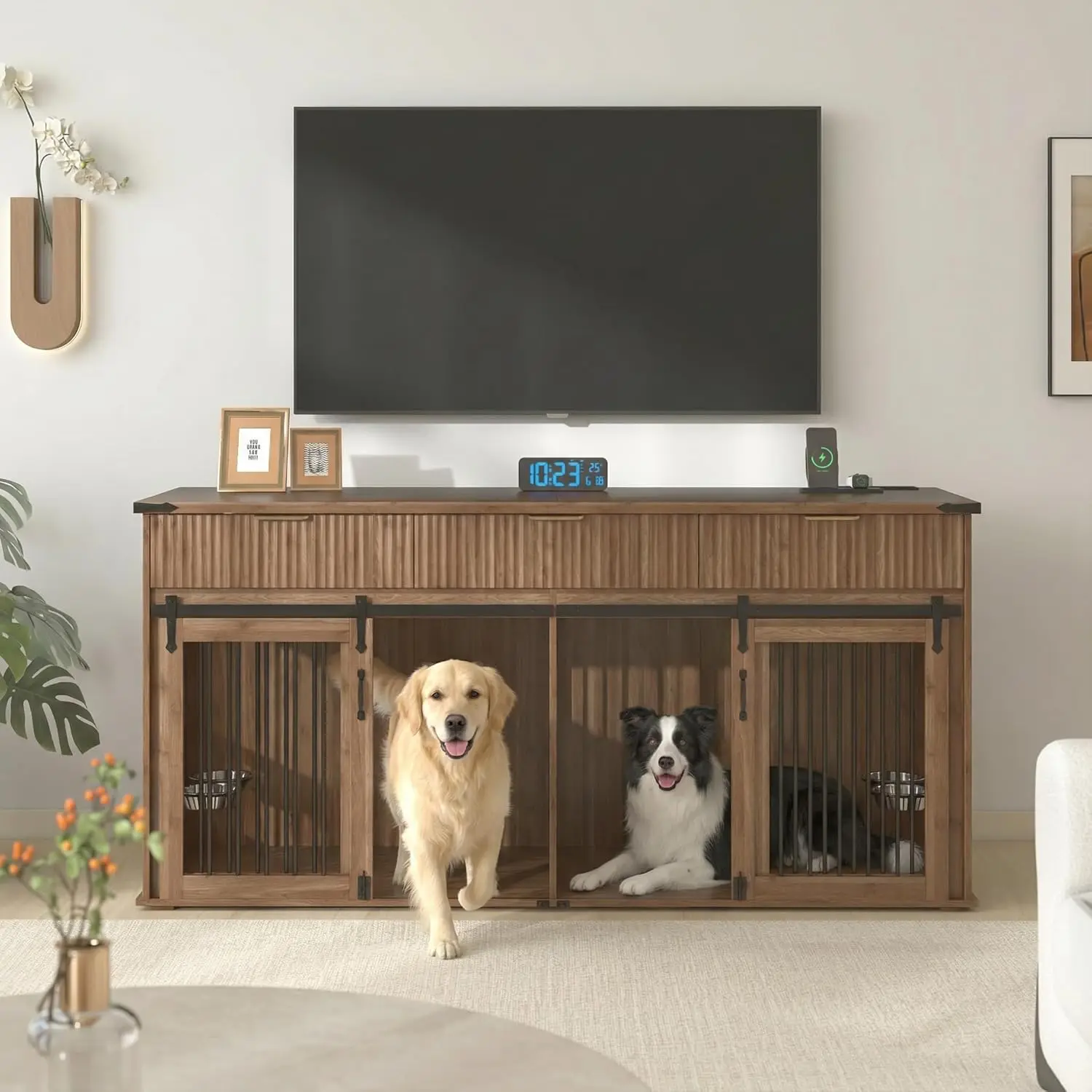 71'' Double Wooden Dog Crate with 360° Rotating Feeders & Removable Divider, TV Stand Kennel for Large Dogs, Walnut, Custom
71'' Double Wooden Dog Crate with 360° Rotating Feeders & Removable Divider, TV Stand Kennel for Large Dogs, Walnut, Custom