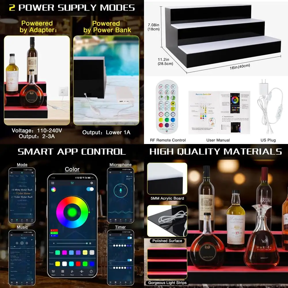 Трехуровневая 16-дюймовая полка с LED-подсветкой для бутылок виски, вина и кофе с дистанционным и приложением управляемым управлением
Трехуровневая 16-дюймовая полка с LED-подсветкой для бутылок виски, вина и кофе с дистанционным и приложением управляемым управлением