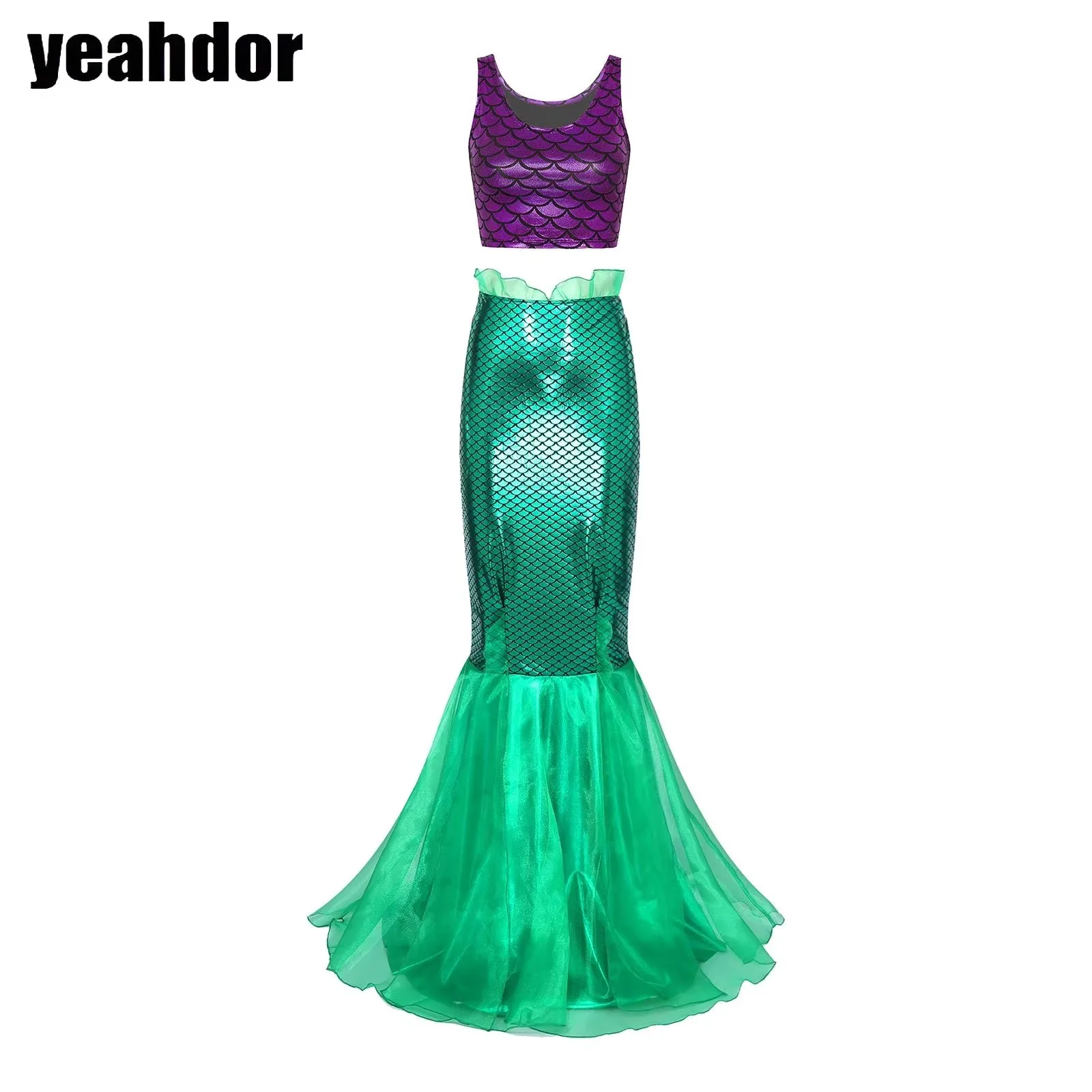 Women Mermaid Cosplay Costume Metallic Sleeveless Tank Top Fish Scale Print Crop Top Tulle Fishtail Skirt Set Halloween Dress Up
Women Mermaid Cosplay Costume Metallic Sleeveless Tank Top Fish Scale Print Crop Top Tulle Fishtail Skirt Set Halloween Dress Up