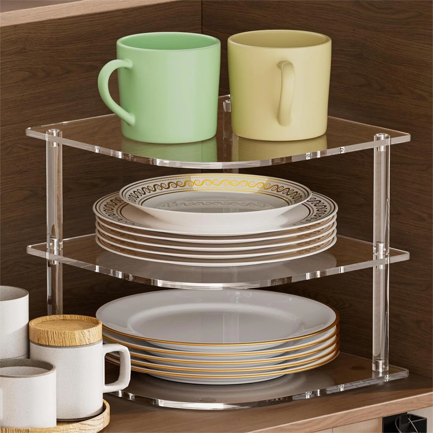 3-Tier Clear Acrylic Corner Plate Organizer For Kitchen Cabinet Space Saver
3-Tier Clear Acrylic Corner Plate Organizer For Kitchen Cabinet Space Saver