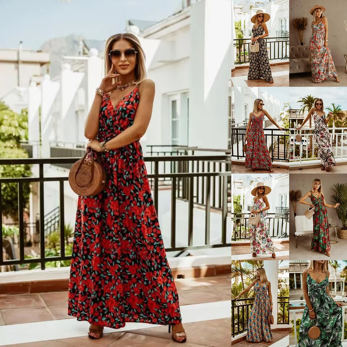 European and American style v-neck sleeveless suspender printed bohemian long dress, dress
European and American style v-neck sleeveless suspender printed bohemian long dress, dress
