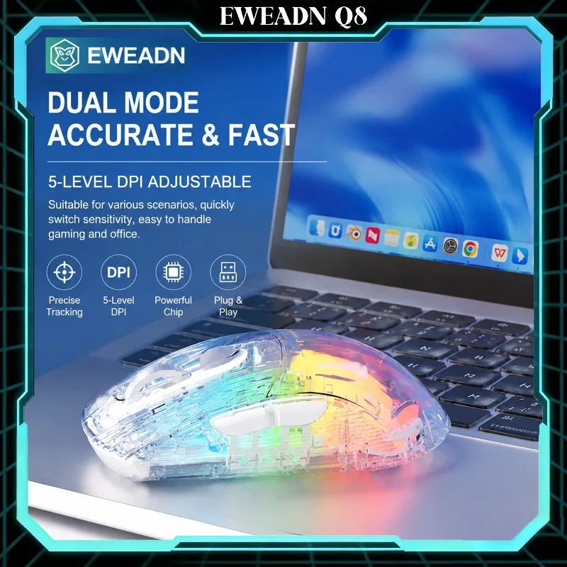 EWEADN Q8 Transparent Wireless Mouse Tri-mode Bluetooth 2.4G Silent Click Mouse High Aesthetic Gaming Mouse
EWEADN Q8 Transparent Wireless Mouse Tri-mode Bluetooth 2.4G Silent Click Mouse High Aesthetic Gaming Mouse