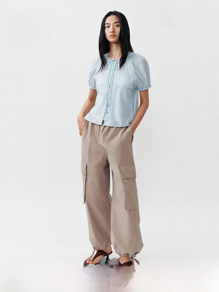 H&M Summer New Women's Bubble Shirt Belt Detail Casual Style round Neck Short Sleeve Cotton Blend Fashion Ladies' Blouse
H&M Summer New Women's Bubble Shirt Belt Detail Casual Style round Neck Short Sleeve Cotton Blend Fashion Ladies' Blouse