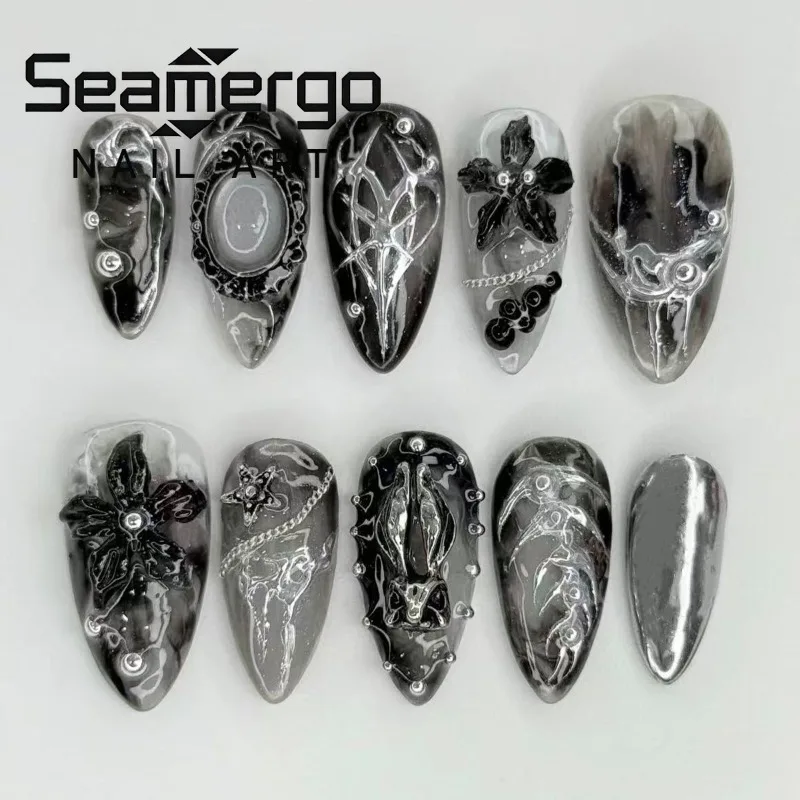 24PCS Gothic Dark Black Almond Press on Nails with Glue 3D Flowers Metallic Star Fake Nails Silver Heart Punk French False Nails
24PCS Gothic Dark Black Almond Press on Nails with Glue 3D Flowers Metallic Star Fake Nails Silver Heart Punk French False Nails