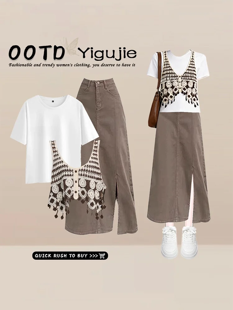 Retro Artistic Style Embroidered Tassel Vest Top Half-Skirt Three-Piece Set Women Summer Open Split High Waist Midi Skirt
Retro Artistic Style Embroidered Tassel Vest Top Half-Skirt Three-Piece Set Women Summer Open Split High Waist Midi Skirt