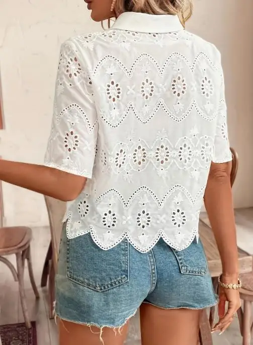 Woman Blouse 2025 Spring Summer New Solid Color Lace Shirt Hollow Out Turn-Down Collar Short Sleeve Casual Daily Shirt Top
Woman Blouse 2025 Spring Summer New Solid Color Lace Shirt Hollow Out Turn-Down Collar Short Sleeve Casual Daily Shirt Top