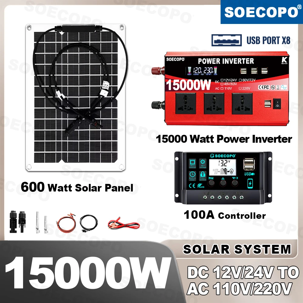 100A Controller 600W Panel 15000W Peak Solar System Kit 110V/220V Inverter Complete Off Grid For Camping Home Mobile Office park
100A Controller 600W Panel 15000W Peak Solar System Kit 110V/220V Inverter Complete Off Grid For Camping Home Mobile Office park