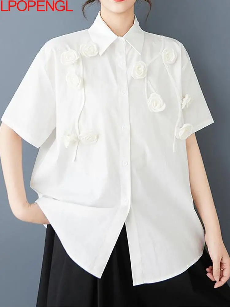 Fashion Spring And Summer New Loose Patchwork Casual Short Sleeved Shirt Cardigan Solid Color 3d Flower Single Breasted Blouses
Fashion Spring And Summer New Loose Patchwork Casual Short Sleeved Shirt Cardigan Solid Color 3d Flower Single Breasted Blouses