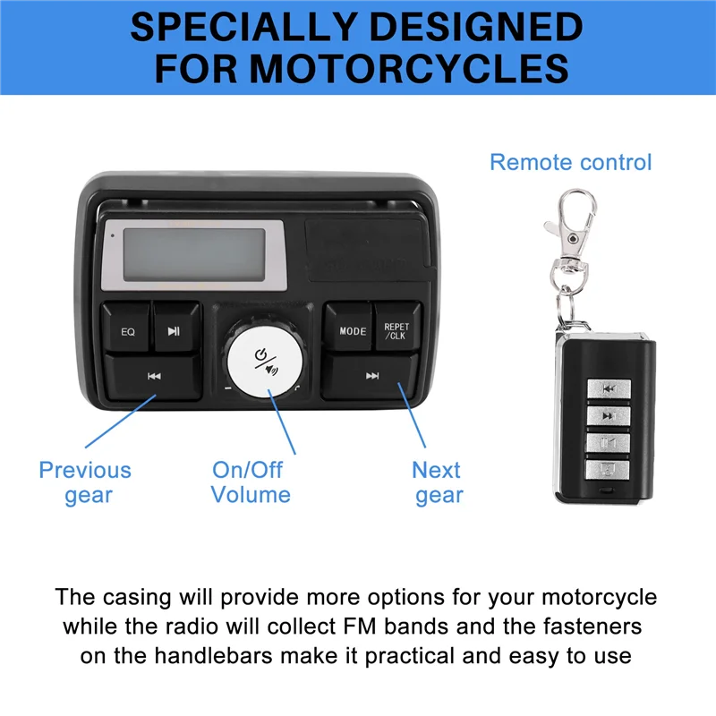 Motorcycle Audio MP3 Radio Sound System Stereo Speakers Bluetooth Waterproof FM 5 EQ Functions LCD Display USB/SD/TF
Motorcycle Audio MP3 Radio Sound System Stereo Speakers Bluetooth Waterproof FM 5 EQ Functions LCD Display USB/SD/TF