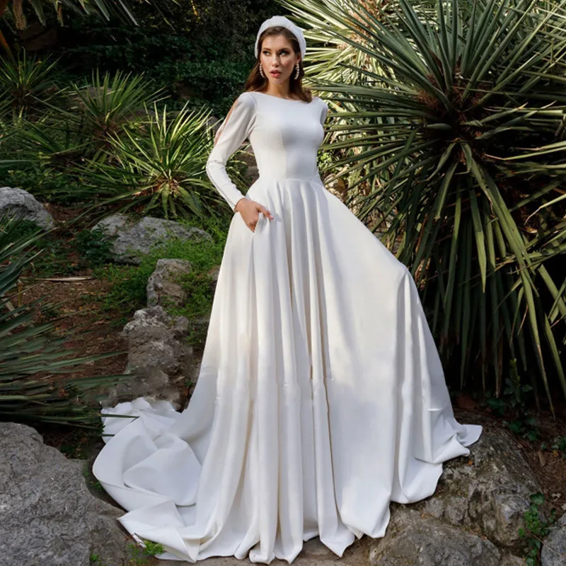 White Soft Satin Wedding Dresses Scoop Neck Long Sleeves Bridal Gowns With Pocket Elegant Vestidos De Noiva Mariage Custom Made
White Soft Satin Wedding Dresses Scoop Neck Long Sleeves Bridal Gowns With Pocket Elegant Vestidos De Noiva Mariage Custom Made