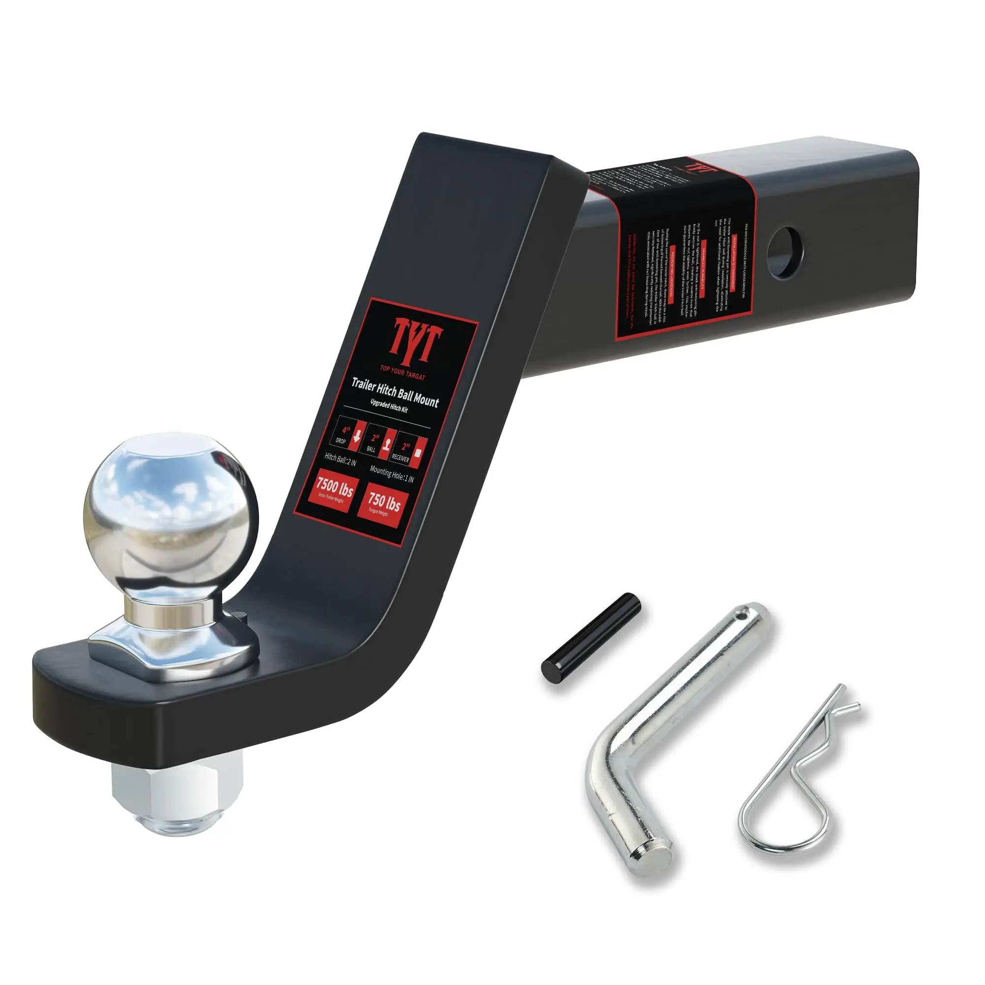 TYT Trailer Hitch Ball Mount Kit, 2" Ball, 4" Drop, 7,500 lbs Capacity, Fits 2" Receiver, with 5/8" Pin Clip
TYT Trailer Hitch Ball Mount Kit, 2" Ball, 4" Drop, 7,500 lbs Capacity, Fits 2" Receiver, with 5/8" Pin Clip
