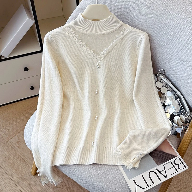 Seoulish Autumn Winter Elegant Lace Patchwork Women's Sweaters 2025 New Long Sleeve Stand Collar Bottom Knitted Pullovers Tops
Seoulish Autumn Winter Elegant Lace Patchwork Women's Sweaters 2025 New Long Sleeve Stand Collar Bottom Knitted Pullovers Tops