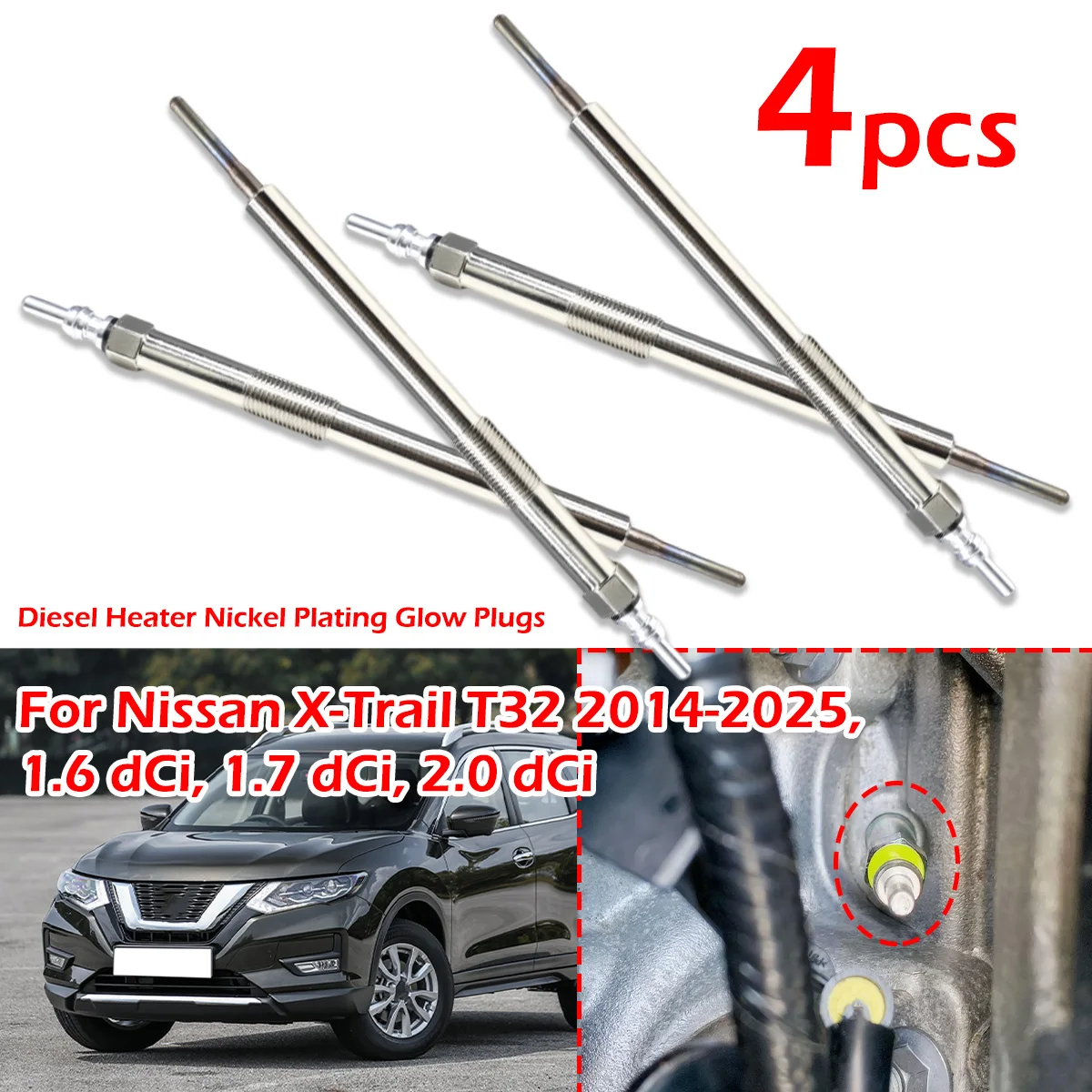 4PC/kit For Nissan X-Trail T32 2014-2025 1.6 1.7 2.0 dCi Diesel Heater Nickel Plating Glow Plugs 4.5V Car Accessories 110650819R
4PC/kit For Nissan X-Trail T32 2014-2025 1.6 1.7 2.0 dCi Diesel Heater Nickel Plating Glow Plugs 4.5V Car Accessories 110650819R